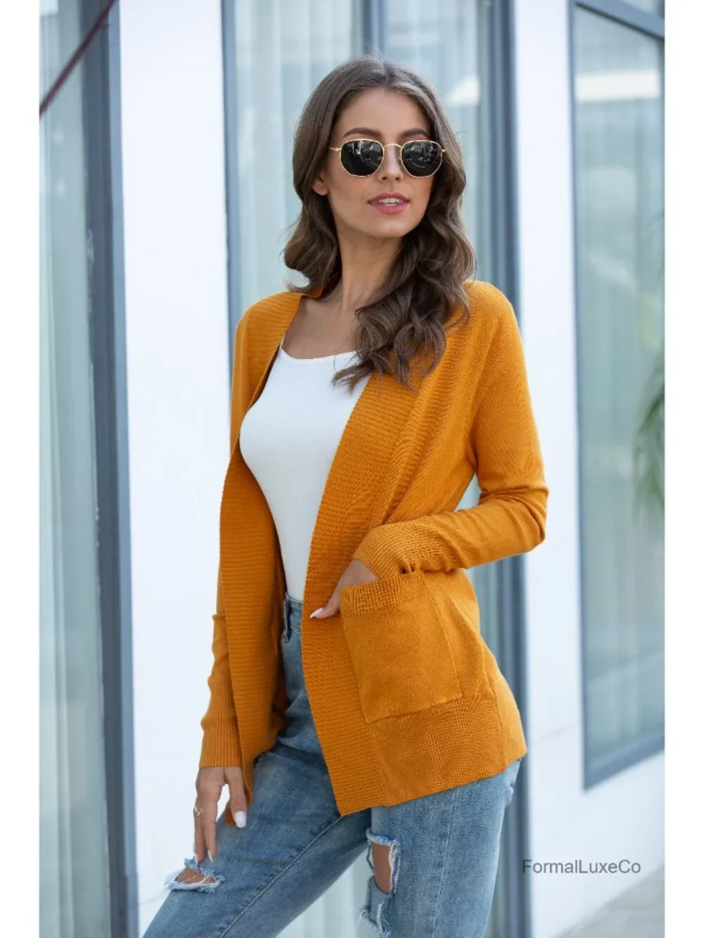 Women's Cardigan Sweater Open Front Long Sleeve with Pockets Shawl Collar Ribbed